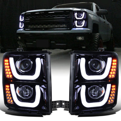 Ronnin - Fits 2014-2015 Chevy Silverado 1500 LED Running and Turn Signal Lights Projector Headlights Assembly Pair | Black Smoke