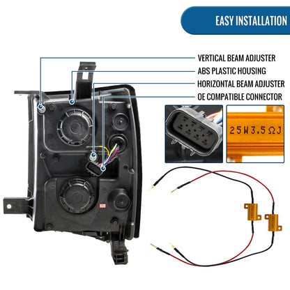 Ronnin - Fits 2014-2015 Chevy Silverado 1500 LED Running and Turn Signal Lights Projector Headlights Assembly Pair | Black
