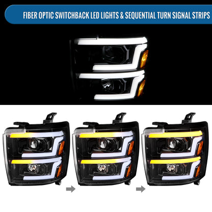 Ronnin - Fits 2015-2019 Chevy Silverado 2500HD 3500HD Projector Headlights Switchback LED Sequential Turn Signal + Animated Startup Effect Pair | Glossy Black