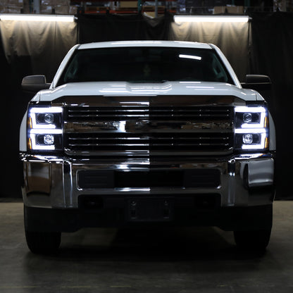 Ronnin - Fits 2015-2019 Chevy Silverado 2500HD 3500HD Projector Headlights Switchback LED Sequential Turn Signal + Animated Startup Effect Pair | Glossy Black