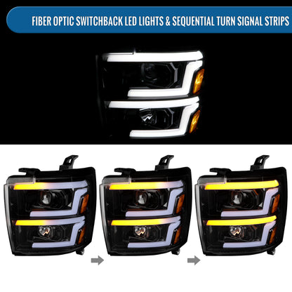 Ronnin - Fits 2015-2019 Chevy Silverado 2500HD 3500HD Projector Headlights Switchback LED Sequential Turn Signal + Animated Startup Effect Pair | Black Smoke