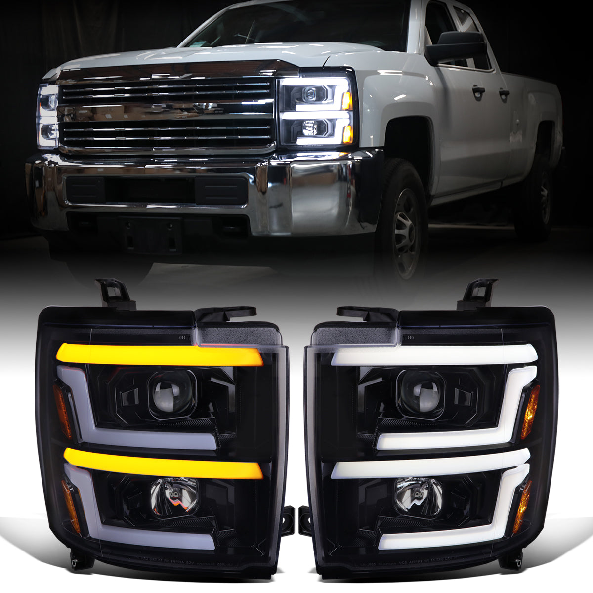 Ronnin - Fits 2015-2019 Chevy Silverado 2500HD 3500HD Projector Headlights Switchback LED Sequential Turn Signal + Animated Startup Effect Pair | Black Smoke