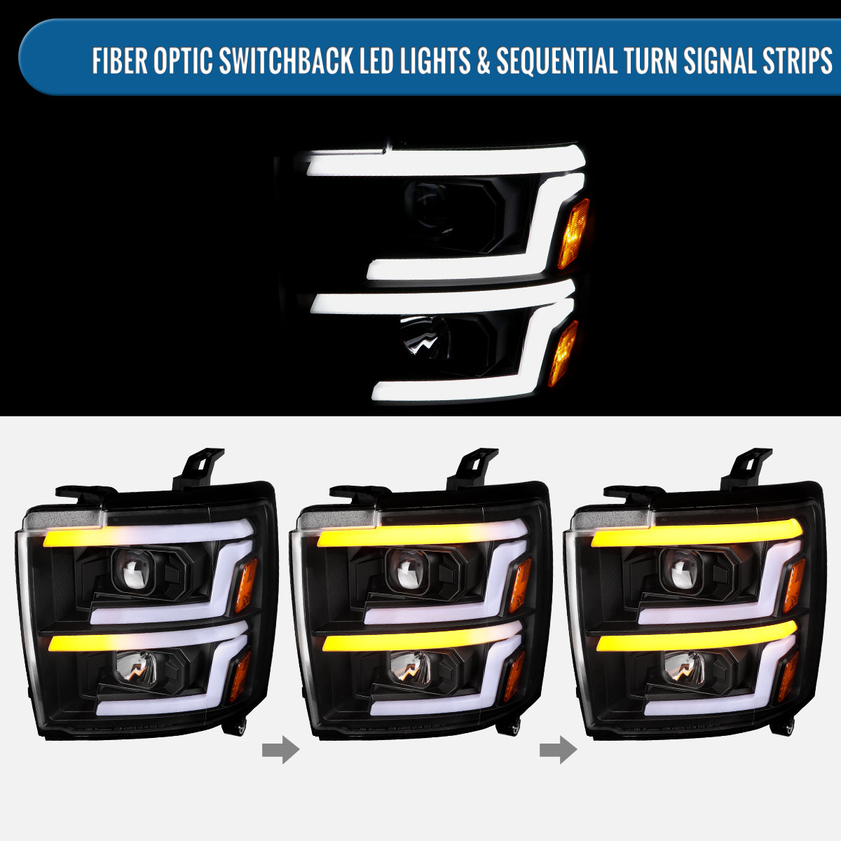 Ronnin - Fits 2015-2019 Chevy Silverado 2500HD 3500HD Projector Headlights Switchback LED Sequential Turn Signal + Animated Startup Effect Pair | Black