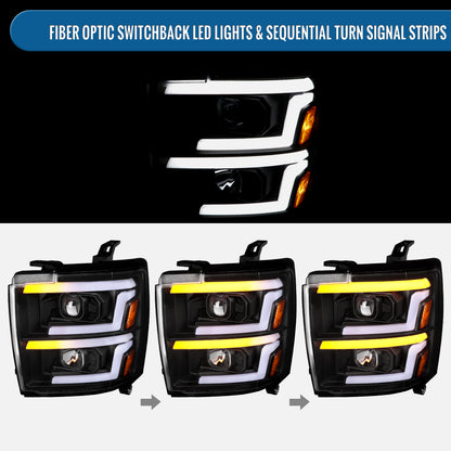 Ronnin - Fits 2015-2019 Chevy Silverado 2500HD 3500HD Projector Headlights Switchback LED Sequential Turn Signal + Animated Startup Effect Pair | Black