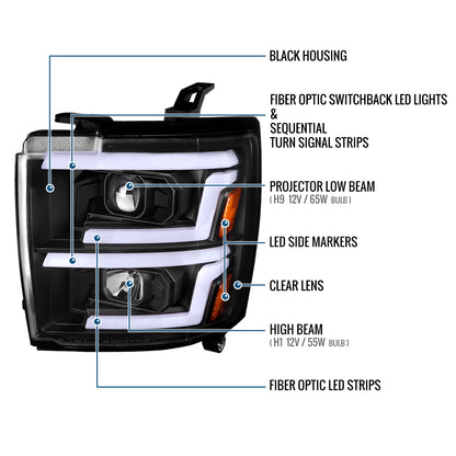 Ronnin - Fits 2015-2019 Chevy Silverado 2500HD 3500HD Projector Headlights Switchback LED Sequential Turn Signal + Animated Startup Effect Pair | Black
