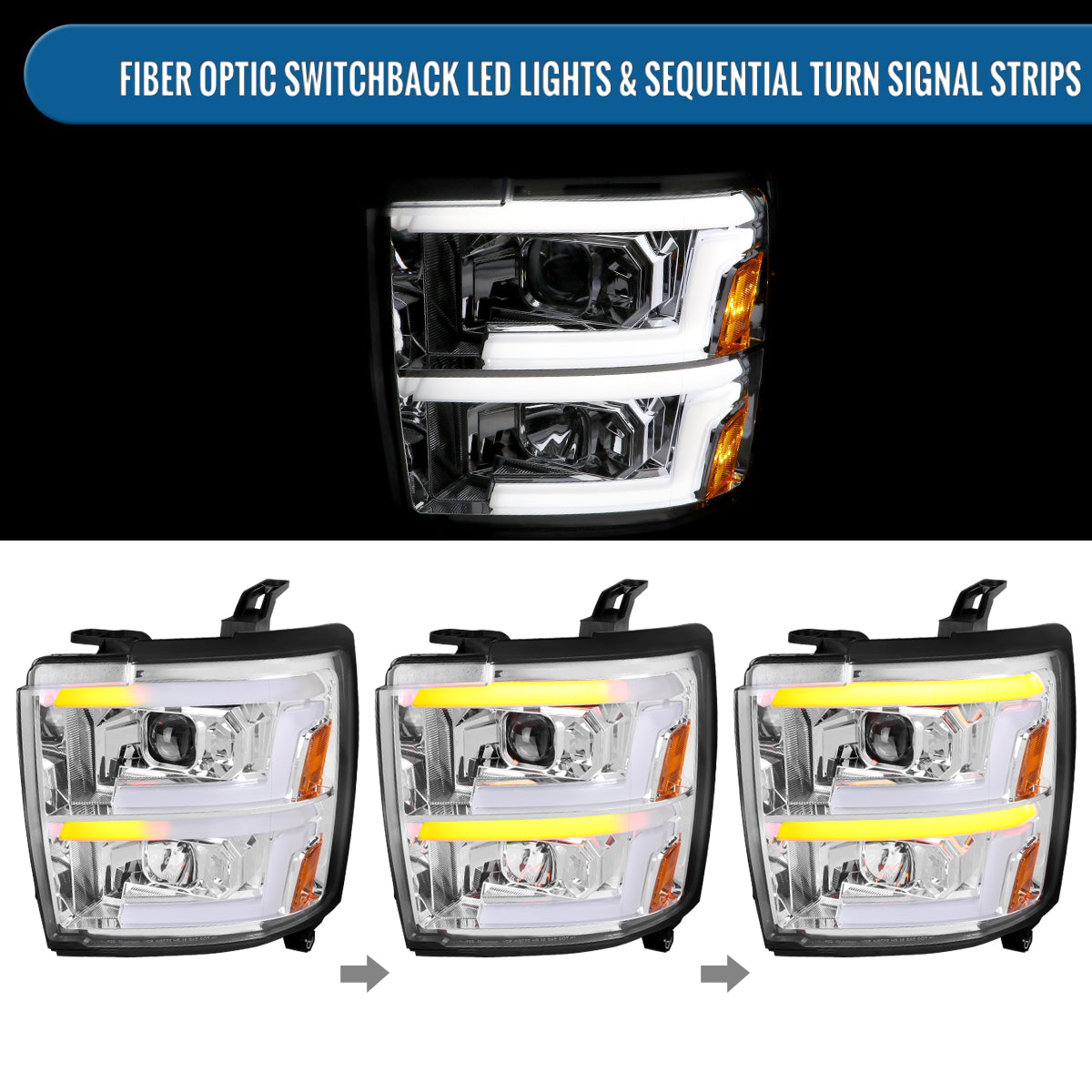 Ronnin - Fits 2015-2019 Chevy Silverado 2500HD 3500HD Projector Headlights Switchback LED Sequential Turn Signal + Animated Startup Effect Pair | Chrome