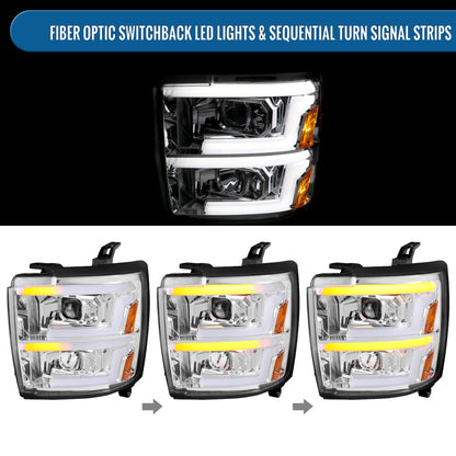 Ronnin - Fits 2015-2019 Chevy Silverado 2500HD 3500HD Projector Headlights Switchback LED Sequential Turn Signal + Animated Startup Effect Pair | Chrome