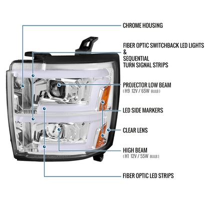 Ronnin - Fits 2015-2019 Chevy Silverado 2500HD 3500HD Projector Headlights Switchback LED Sequential Turn Signal + Animated Startup Effect Pair | Chrome
