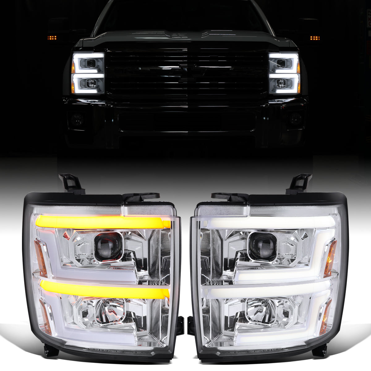 Ronnin - Fits 2015-2019 Chevy Silverado 2500HD 3500HD Projector Headlights Switchback LED Sequential Turn Signal + Animated Startup Effect Pair | Chrome