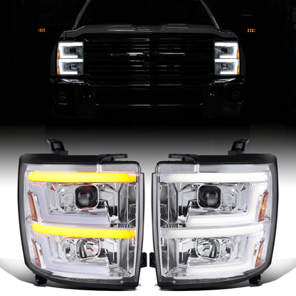 Ronnin - Fits 2015-2019 Chevy Silverado 2500HD 3500HD Projector Headlights Switchback LED Sequential Turn Signal + Animated Startup Effect Pair | Chrome