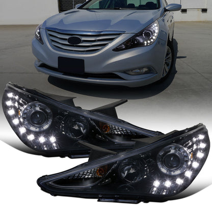 Ronnin - Fits 2011-2014 Hyundai Sonata Halogen Projector Headlights LED Running Lights Assembly Pair | Black Smoke