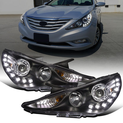 Ronnin - Fits 2011-2014 Hyundai Sonata Halogen Projector Headlights LED Running Lights Assembly Pair | Black