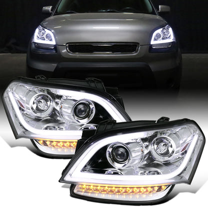 Ronnin - Fits 2010-2011 Kia Soul LED Tube Turn Signal Lights Projector Headlights Assembly Replacement Pair | Chrome