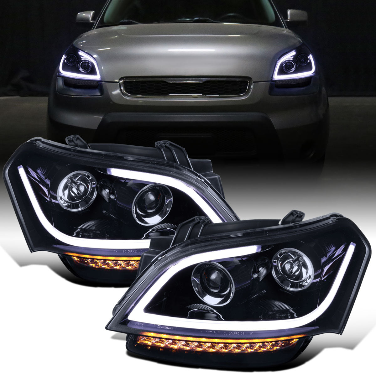 Ronnin - Fits 2010-2011 Kia Soul LED Tube Turn Signal Lights Projector Headlights Assembly Replacement Pair | Black Smoke