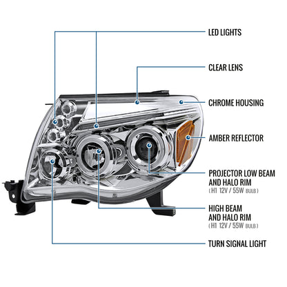 Ronnin - Fits 2005-2011 Toyota Tacoma Upgraded Assembly LED Dual Rims Projector Headlights Pair | Chrome
