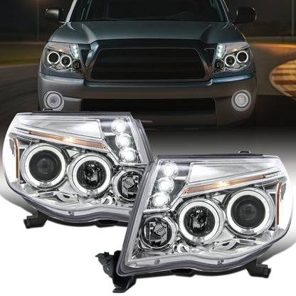 Ronnin - Fits 2005-2011 Toyota Tacoma Upgraded Assembly LED Dual Rims Projector Headlights Pair | Chrome