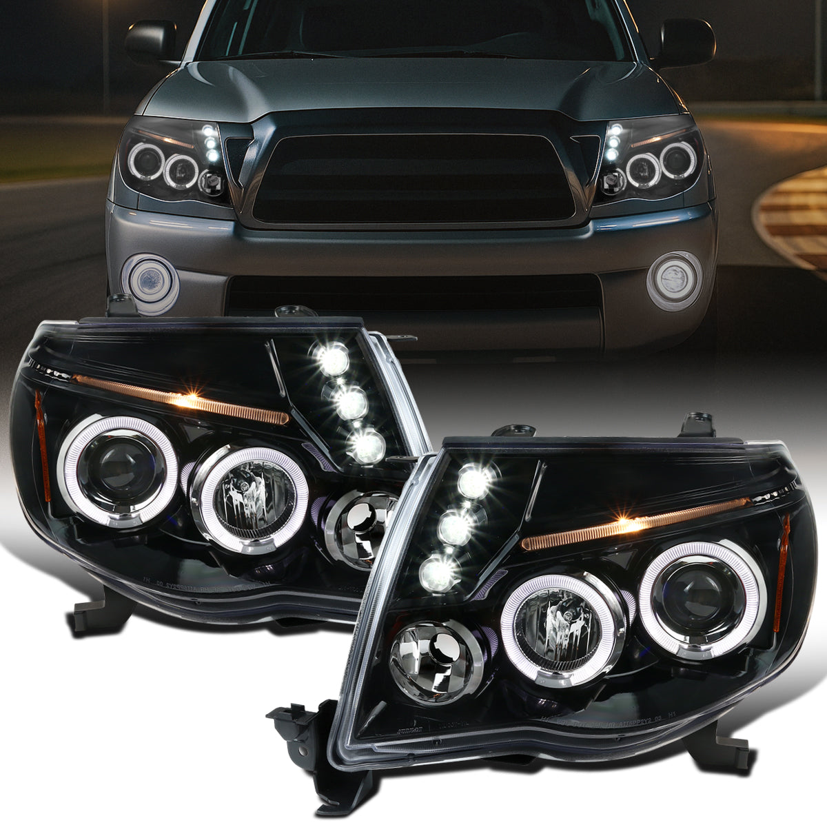 Ronnin - Fits 2005-2011 Toyota Tacoma Upgraded Assembly LED Dual Rims Projector Headlights Pair | Gloss Black