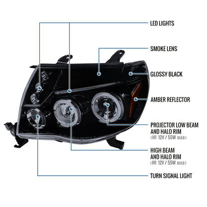 Ronnin - Fits 2005-2011 Toyota Tacoma Upgraded Assembly LED Dual Rims Projector Headlights Pair | Black Smoke