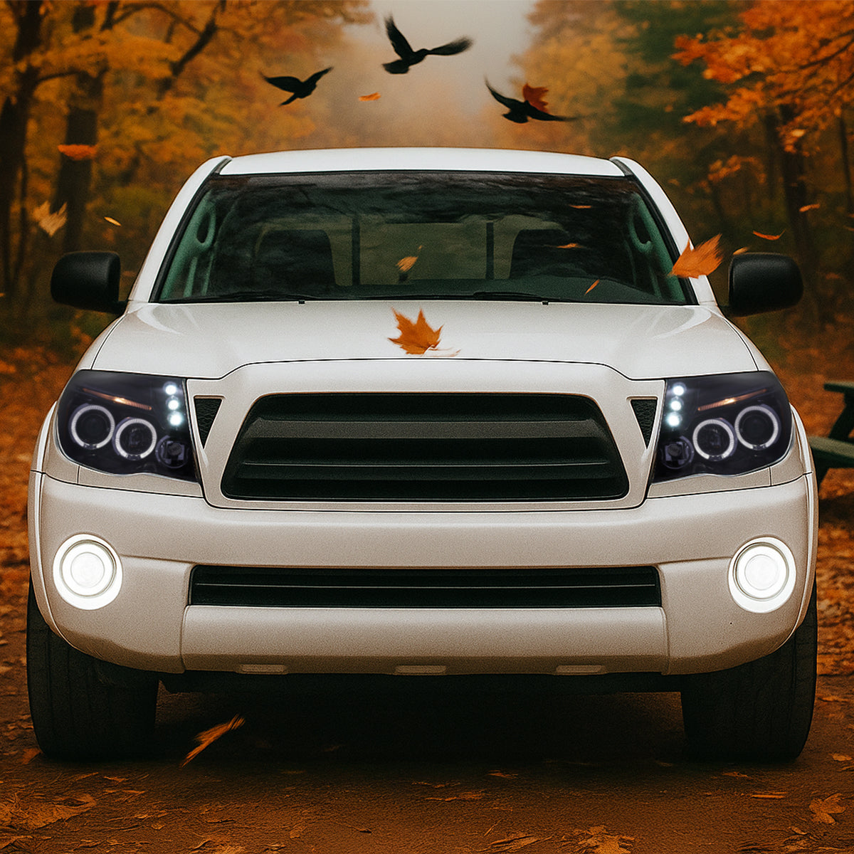 Ronnin - Fits 2005-2011 Toyota Tacoma Upgraded Assembly LED Dual Rims Projector Headlights Pair | Black Smoke