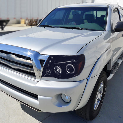 Ronnin - Fits 2005-2011 Toyota Tacoma Upgraded Assembly LED Dual Rims Projector Headlights Pair | Black Smoke