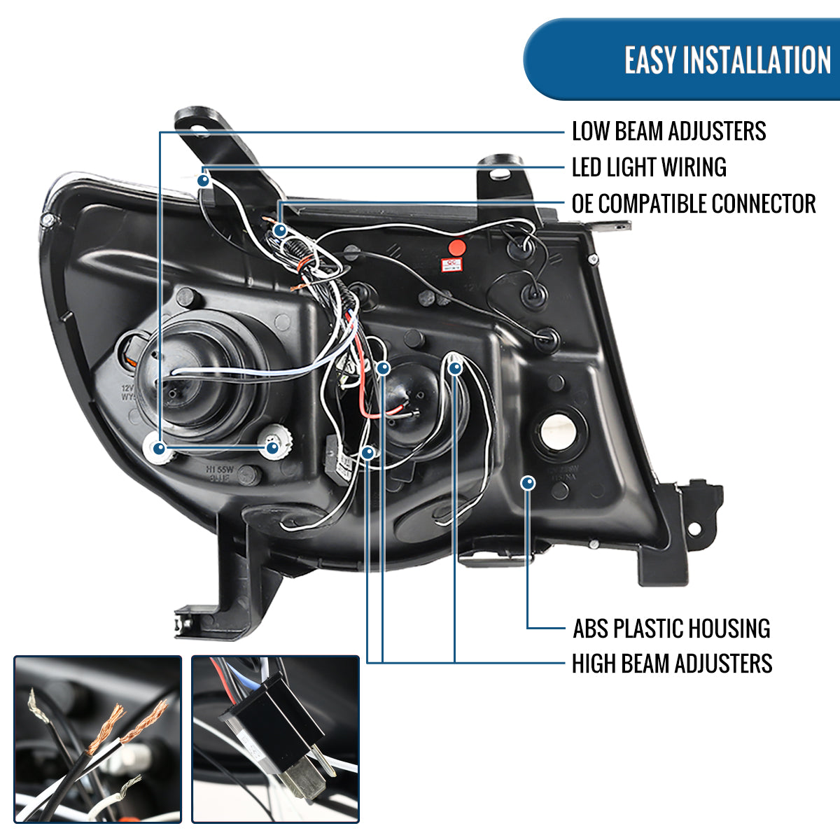 Ronnin - Fits 2005-2011 Toyota Tacoma Upgraded Assembly LED Dual Rims Projector Headlights Pair | Black
