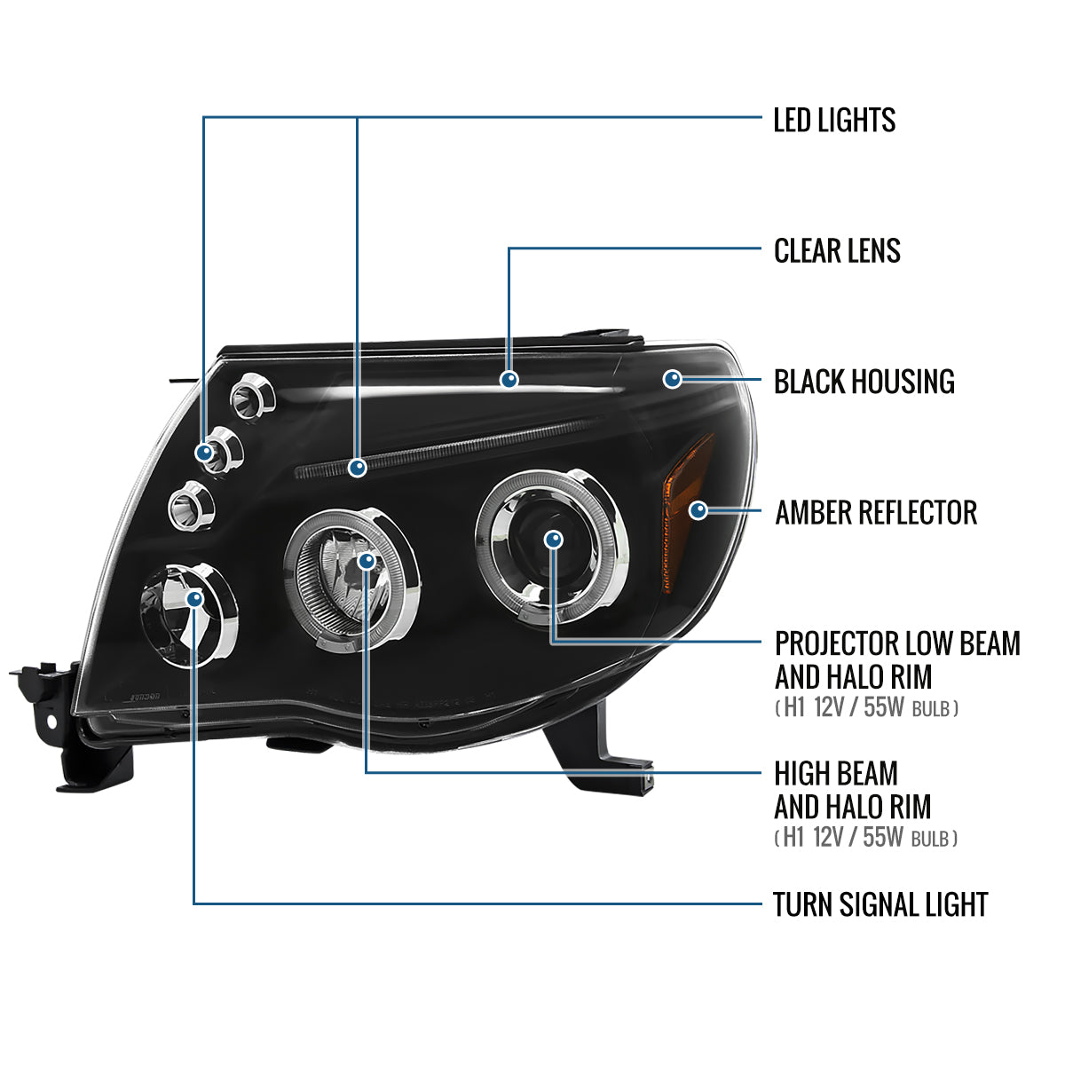 Ronnin - Fits 2005-2011 Toyota Tacoma Upgraded Assembly LED Dual Rims Projector Headlights Pair | Black