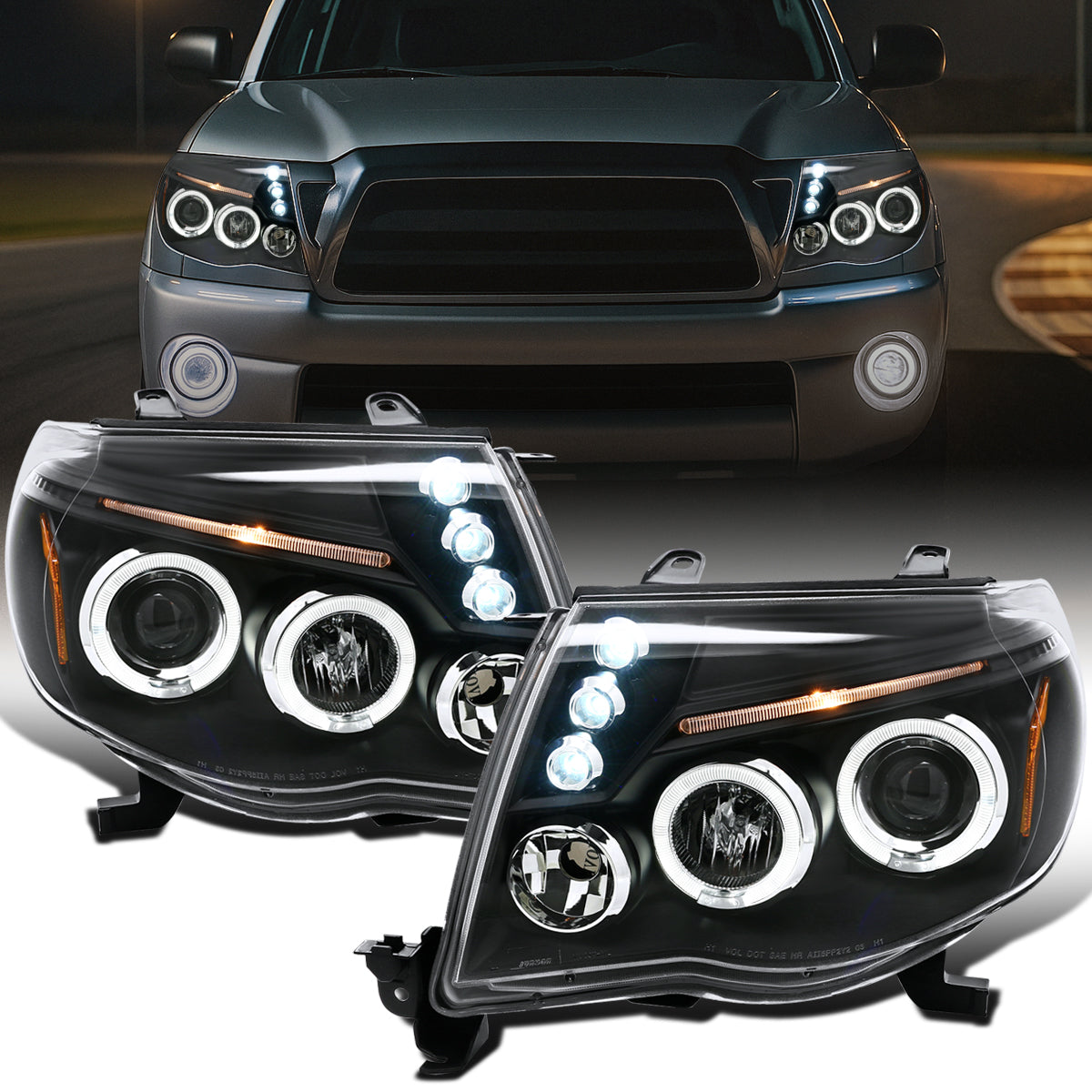 Ronnin - Fits 2005-2011 Toyota Tacoma Upgraded Assembly LED Dual Rims Projector Headlights Pair | Black