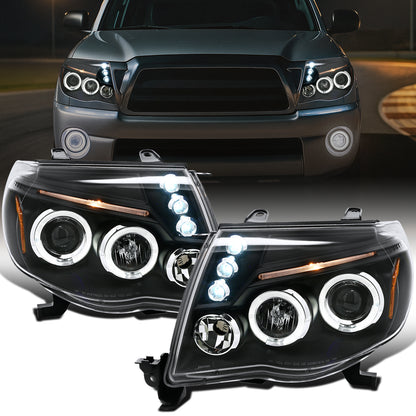 Ronnin - Fits 2005-2011 Toyota Tacoma Upgraded Assembly LED Dual Rims Projector Headlights Pair | Black