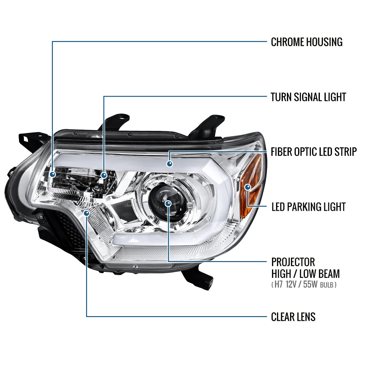 Ronnin - Fits 2012-2015 Toyota Tacoma Upgraded LED Tube Running Lights Projector Headlights Assembly Pair | Chrome