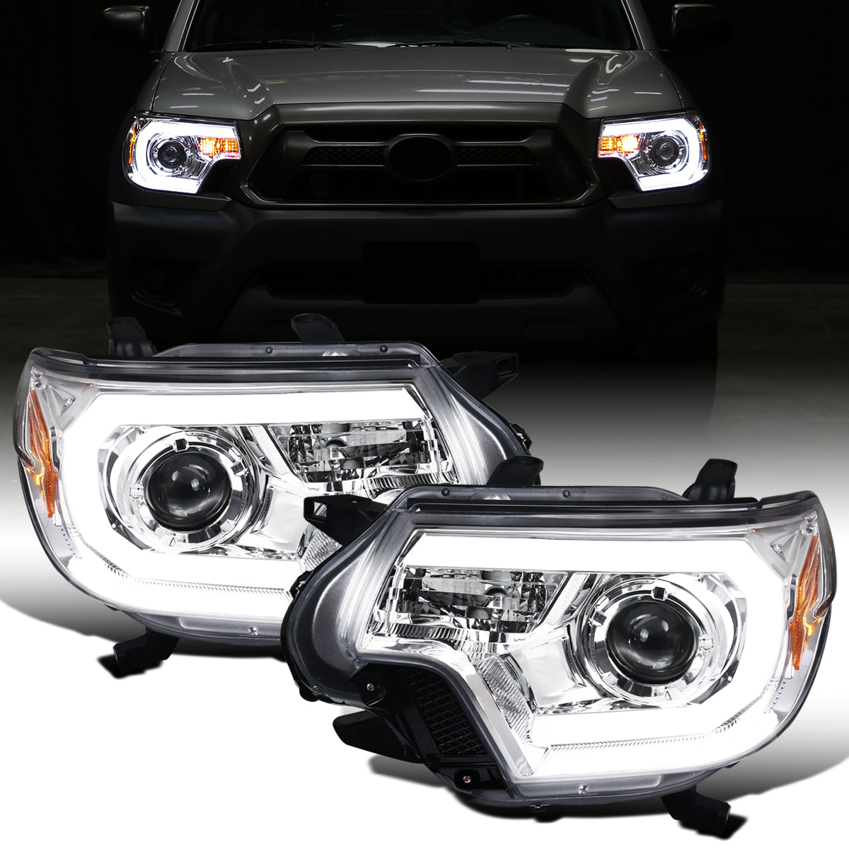 Ronnin - Fits 2012-2015 Toyota Tacoma Upgraded LED Tube Running Lights Projector Headlights Assembly Pair | Chrome