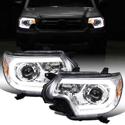 Ronnin - Fits 2012-2015 Toyota Tacoma Upgraded LED Tube Running Lights Projector Headlights Assembly Pair | Chrome