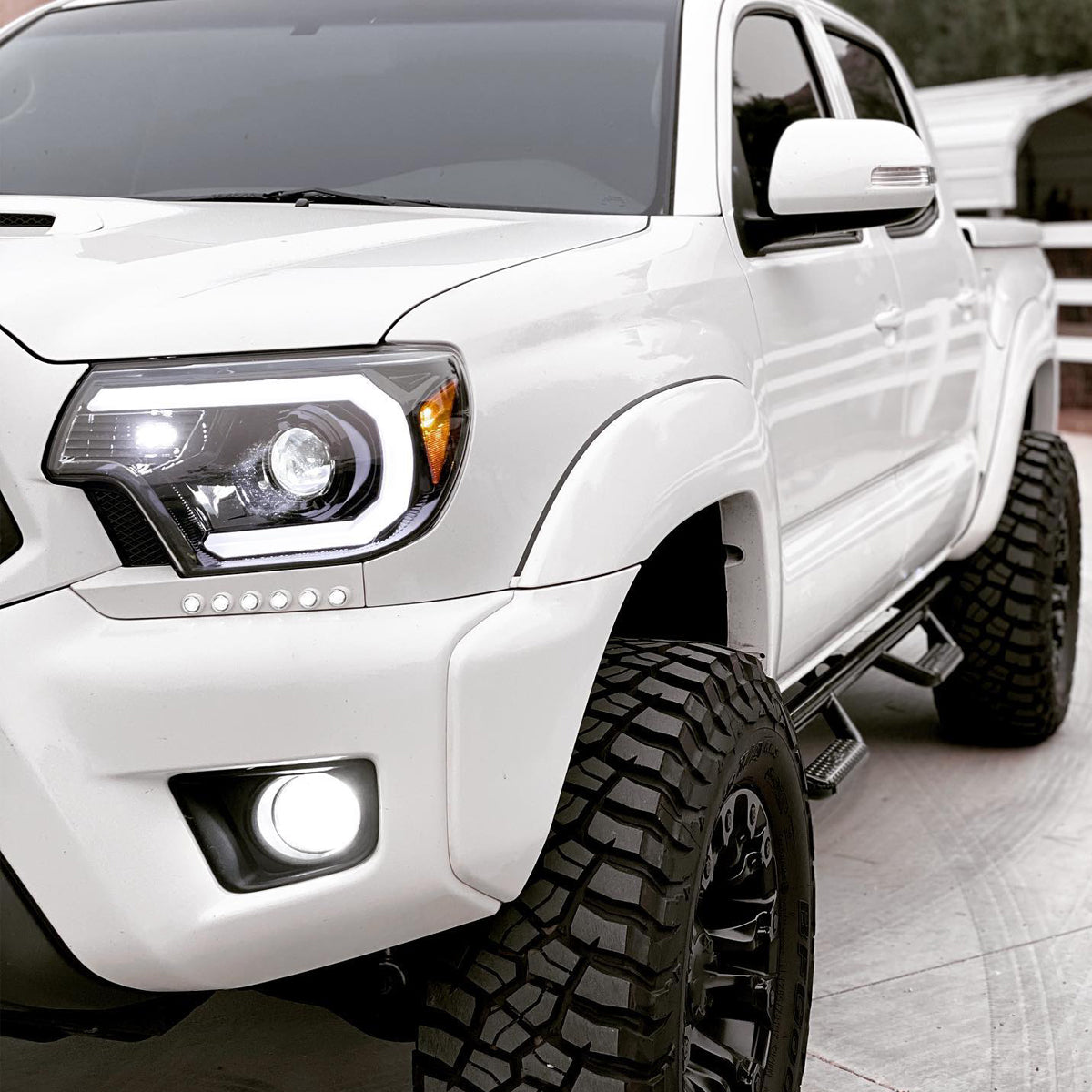 Ronnin - Fits 2012-2015 Toyota Tacoma Upgraded LED Tube Running Lights Projector Headlights Assembly Pair | Gloss Black