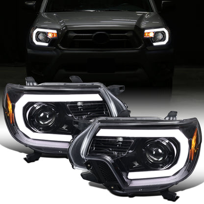 Ronnin - Fits 2012-2015 Toyota Tacoma Upgraded LED Tube Running Lights Projector Headlights Assembly Pair | Gloss Black