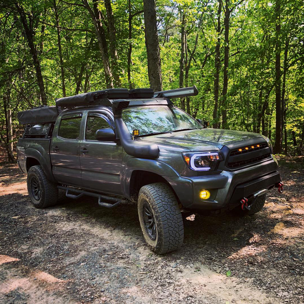 Ronnin - Fits 2012-2015 Toyota Tacoma Upgraded LED Tube Running Lights Projector Headlights Assembly Pair | Black Smoke