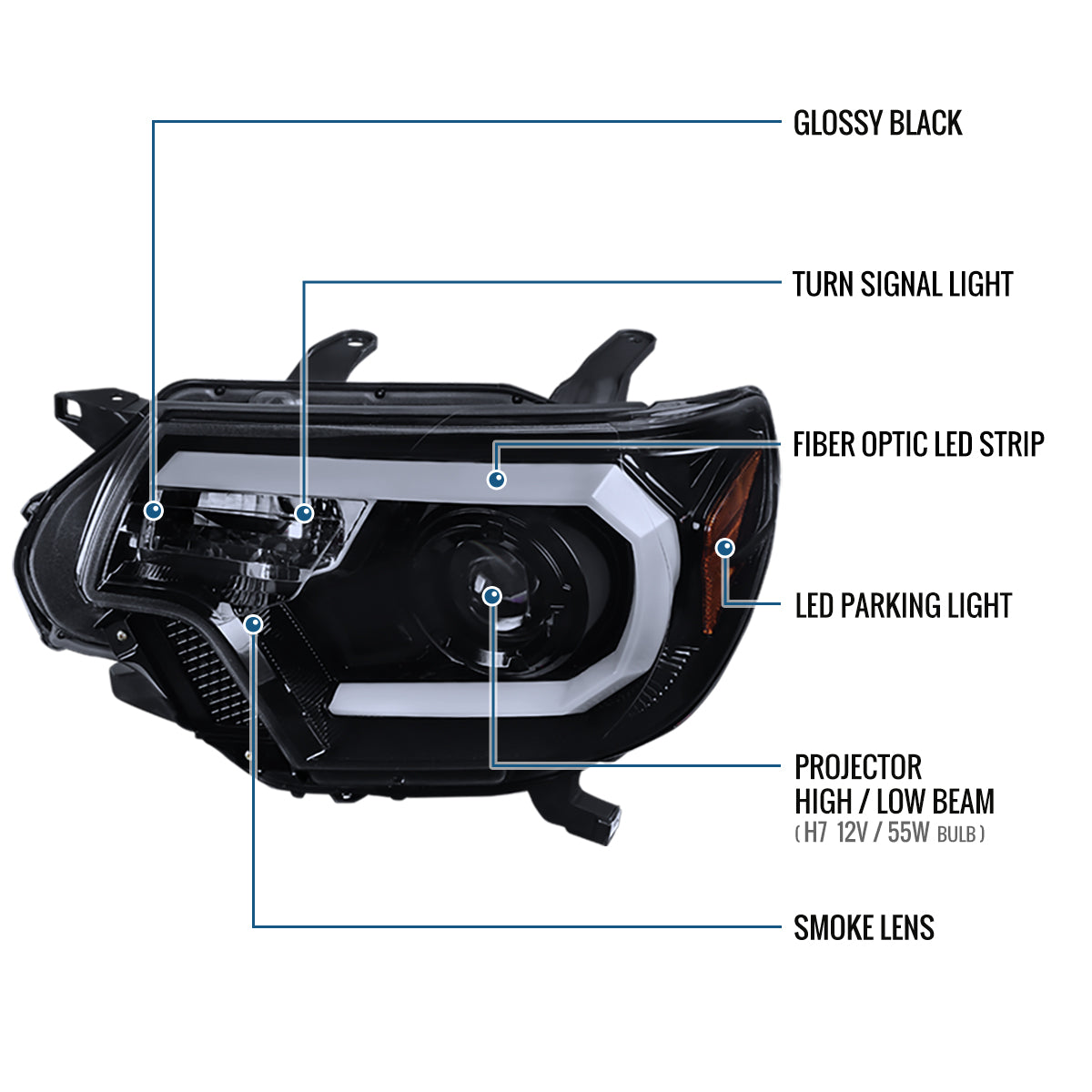 Ronnin - Fits 2012-2015 Toyota Tacoma Upgraded LED Tube Running Lights Projector Headlights Assembly Pair | Black Smoke