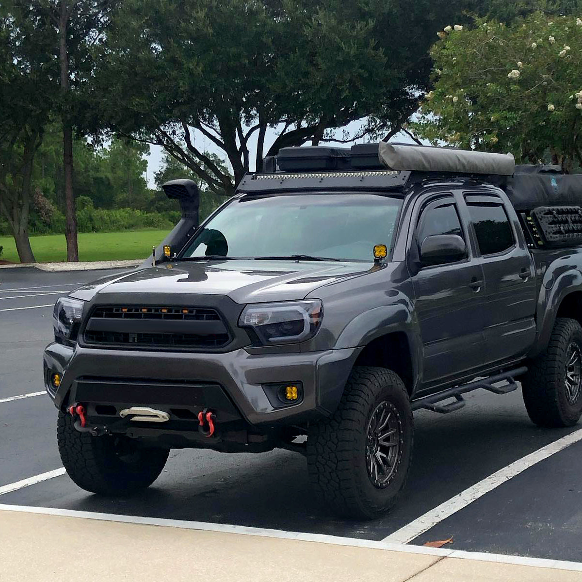 Ronnin - Fits 2012-2015 Toyota Tacoma Upgraded LED Tube Running Lights Projector Headlights Assembly Pair | Black Smoke