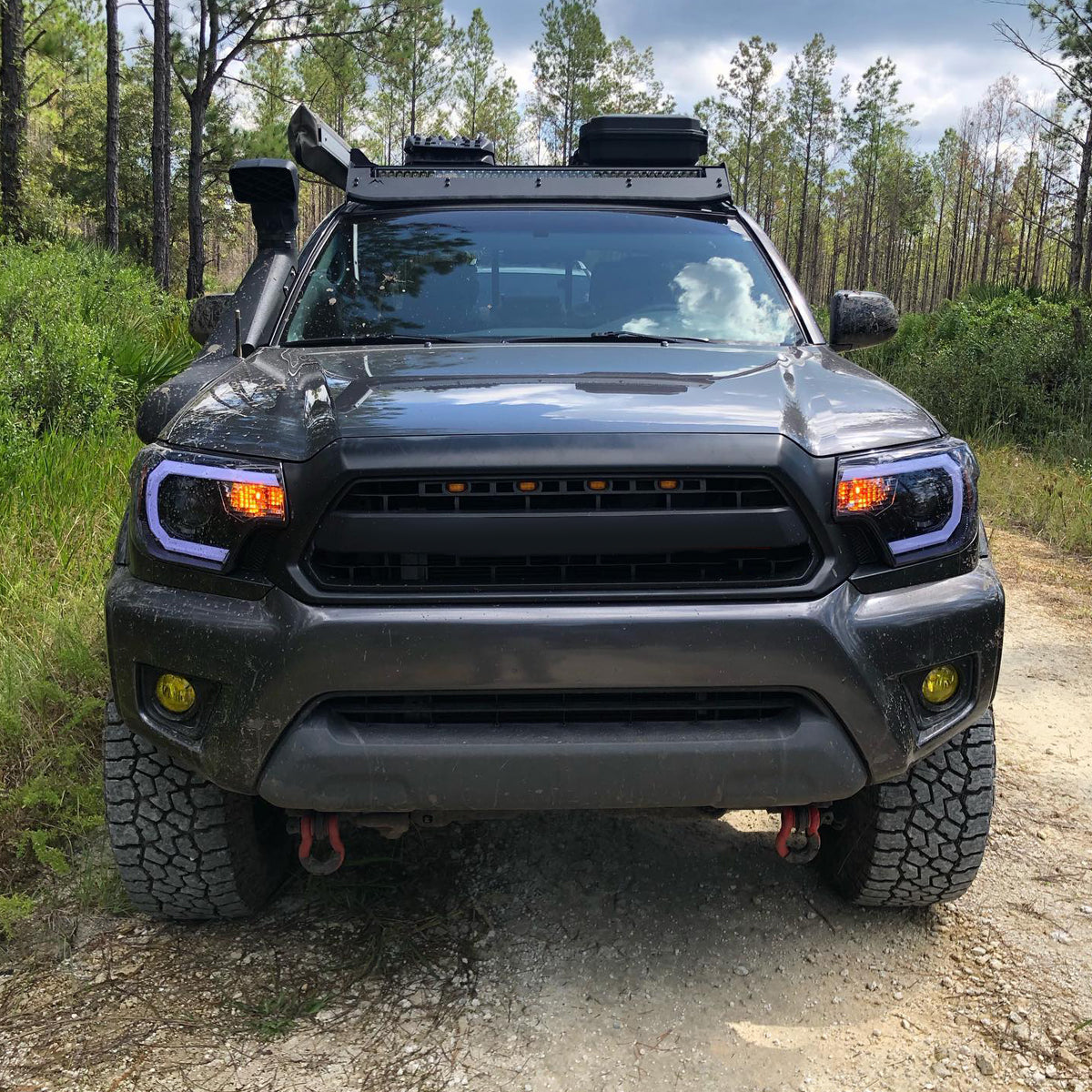 Ronnin - Fits 2012-2015 Toyota Tacoma Upgraded LED Tube Running Lights Projector Headlights Assembly Pair | Black Smoke