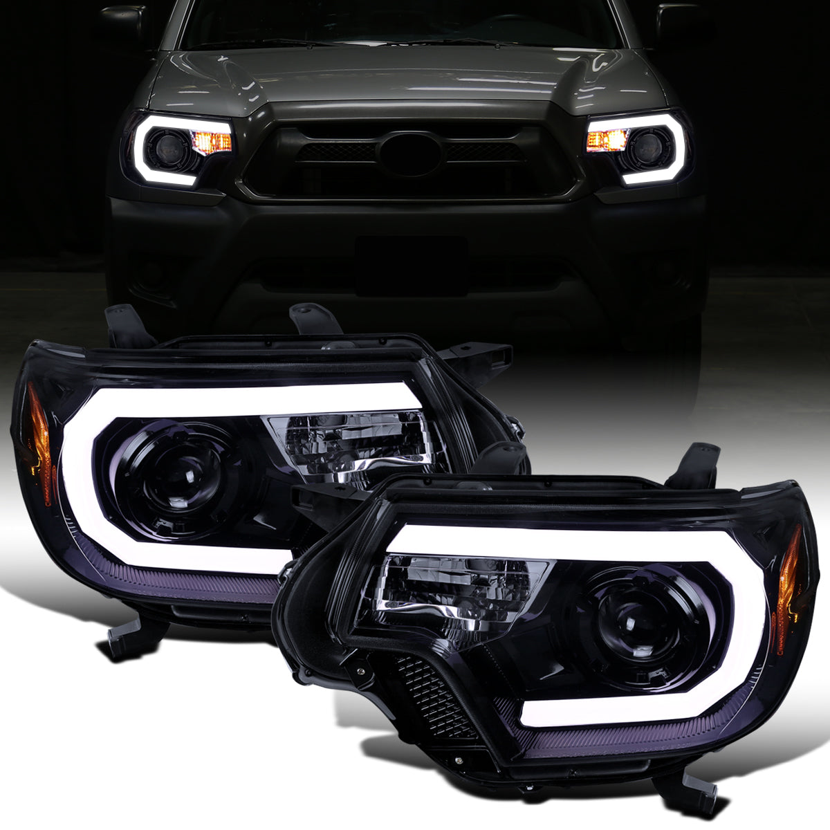 Ronnin - Fits 2012-2015 Toyota Tacoma Upgraded LED Tube Running Lights Projector Headlights Assembly Pair | Black Smoke