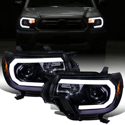 Ronnin - Fits 2012-2015 Toyota Tacoma Upgraded LED Tube Running Lights Projector Headlights Assembly Pair | Black Smoke
