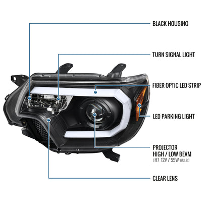 Ronnin - Fits 2012-2015 Toyota Tacoma Upgraded LED Tube Running Lights Projector Headlights Assembly Pair | Black
