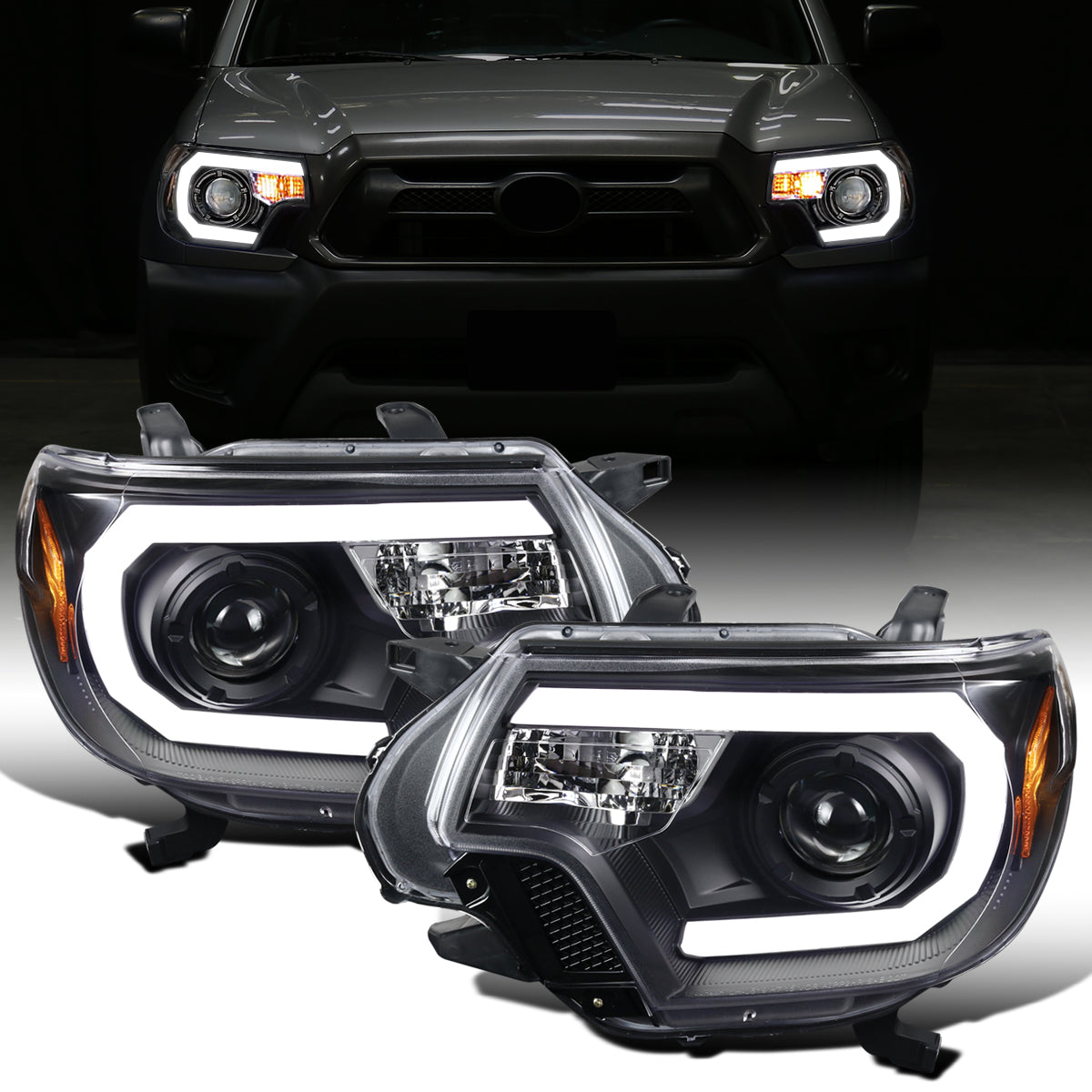 Ronnin - Fits 2012-2015 Toyota Tacoma Upgraded LED Tube Running Lights Projector Headlights Assembly Pair | Black