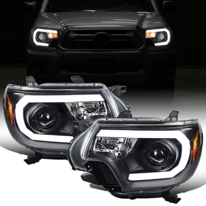 Ronnin - Fits 2012-2015 Toyota Tacoma Upgraded LED Tube Running Lights Projector Headlights Assembly Pair | Black