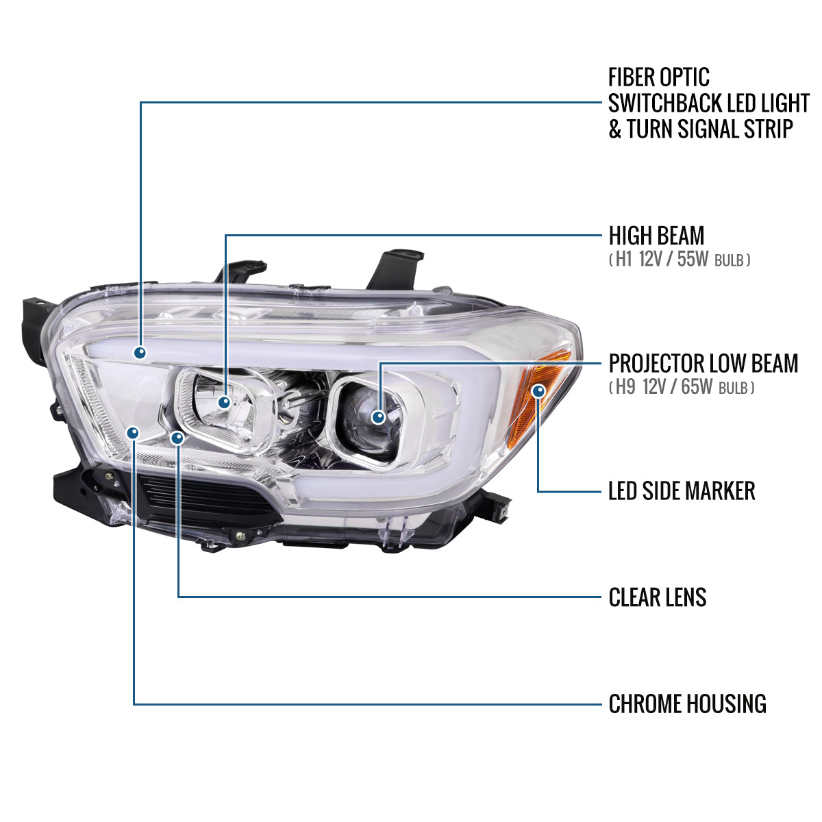 Ronnin - Fits 2016-2023 Toyota Tacoma Upgrade Replacement LED Switchback Turn Signals Tube Projector Halogen Headlights Assembly Pair | Chrome
