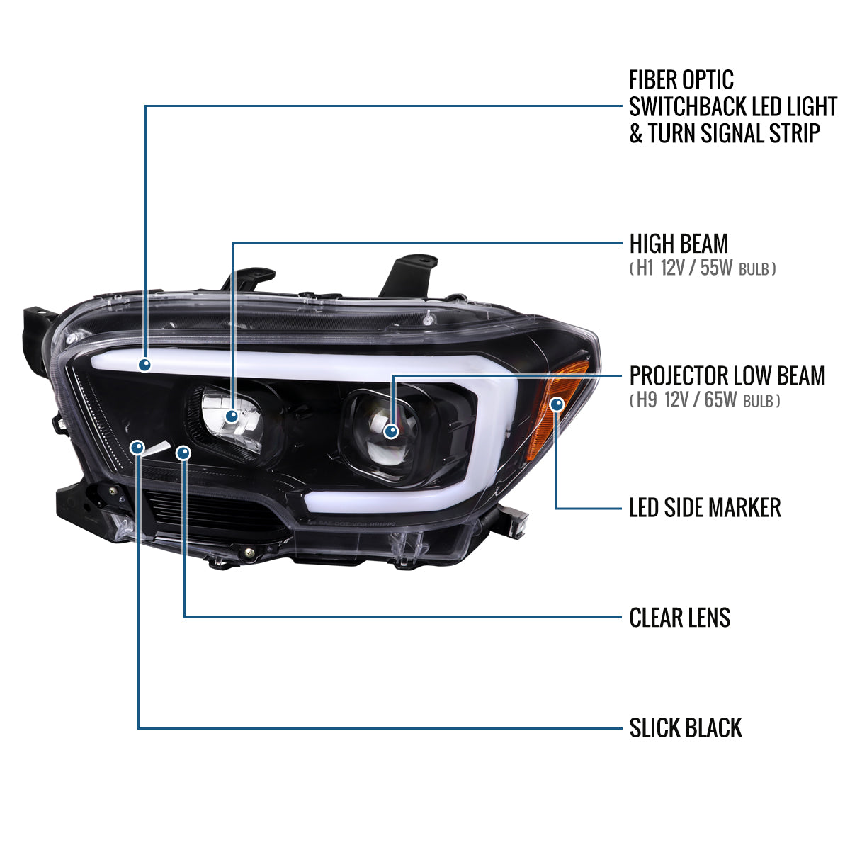 Ronnin - Fits 2016-2023 Toyota Tacoma Upgrade Replacement LED Switchback Turn Signals Tube Projector Halogen Headlights Assembly Pair | Gloss Black
