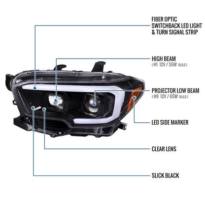 Ronnin - Fits 2016-2023 Toyota Tacoma Upgrade Replacement LED Switchback Turn Signals Tube Projector Halogen Headlights Assembly Pair | Gloss Black