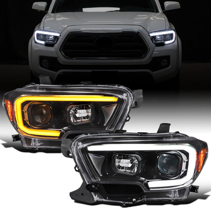 Ronnin - Fits 2016-2023 Toyota Tacoma Upgrade Replacement LED Switchback Turn Signals Tube Projector Halogen Headlights Assembly Pair | Gloss Black