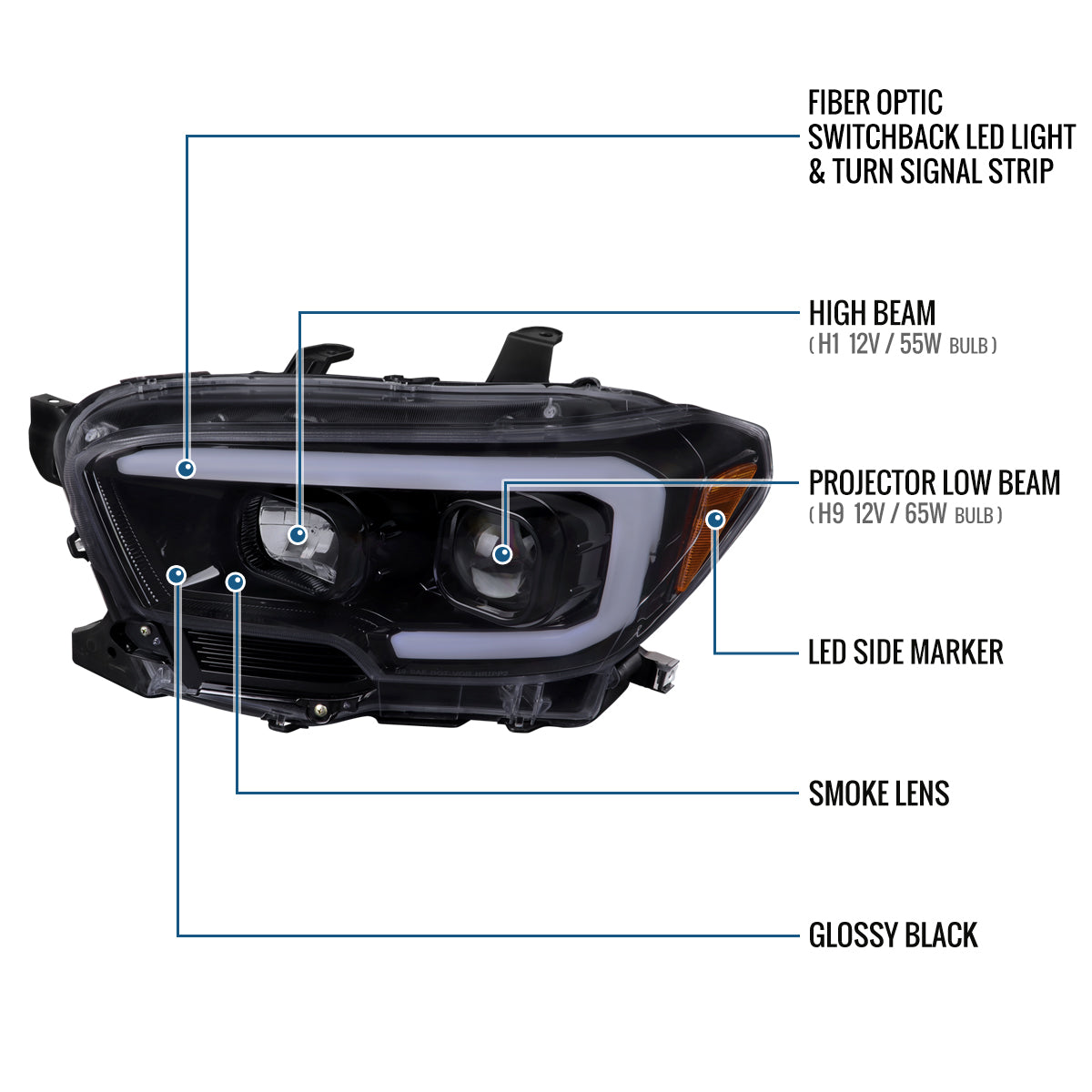 Ronnin - Fits 2016-2023 Toyota Tacoma Upgrade Replacement LED Switchback Turn Signals Tube Projector Halogen Headlights Assembly Pair | Black Smoke