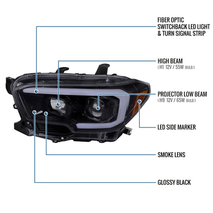 Ronnin - Fits 2016-2023 Toyota Tacoma Upgrade Replacement LED Switchback Turn Signals Tube Projector Halogen Headlights Assembly Pair | Black Smoke