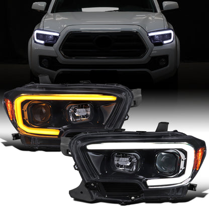 Ronnin - Fits 2016-2023 Toyota Tacoma Upgrade Replacement LED Switchback Turn Signals Tube Projector Halogen Headlights Assembly Pair | Black Smoke