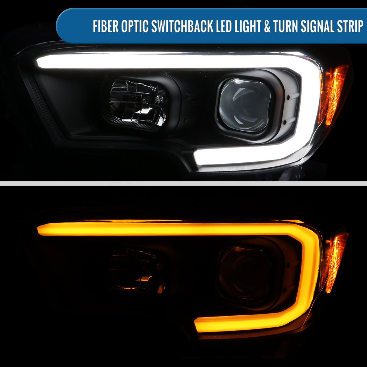Ronnin - Fits 2016-2023 Toyota Tacoma Upgrade Replacement LED Switchback Turn Signals Tube Projector Halogen Headlights Assembly Pair | Black